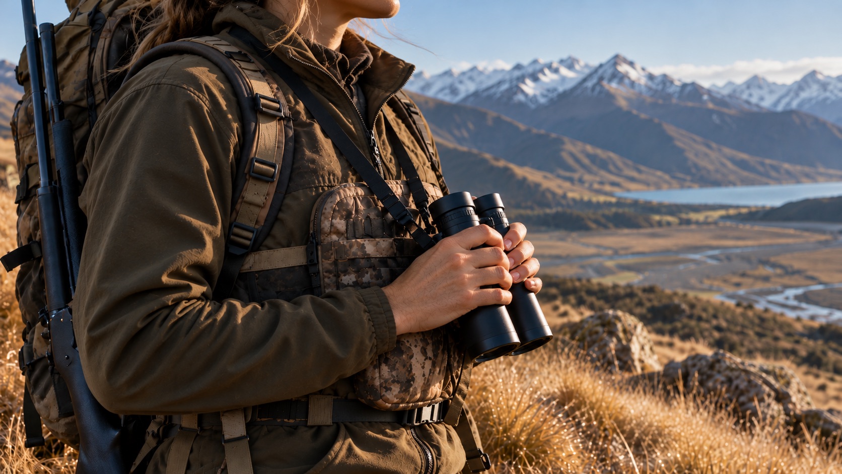 A hunter with binoculars above a mountain valley