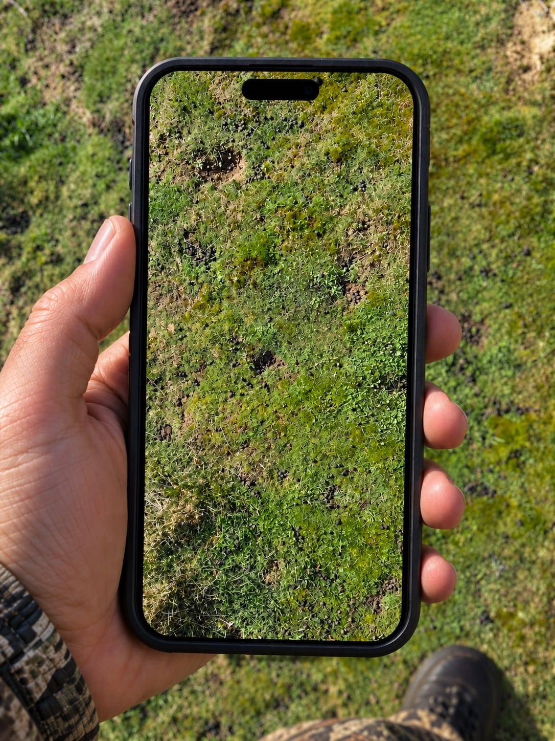 A phone held over pasture, picking out regrowth
